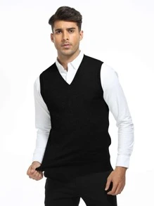 Men Solid Sweater Vest Without Shirt - Black - View 4