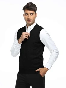 Men Solid Sweater Vest Without Shirt - Black - View 5