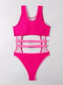 SHEIN Swim Phụ nữ một mảnh Cắt ra màu trơn Gợi cảm - Màu Hồng Tươi - Xem 2