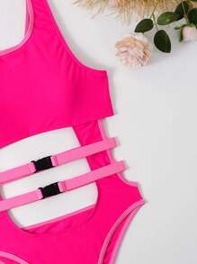 SHEIN Swim Phụ nữ một mảnh Cắt ra màu trơn Gợi cảm - Màu Hồng Tươi - Xem 3