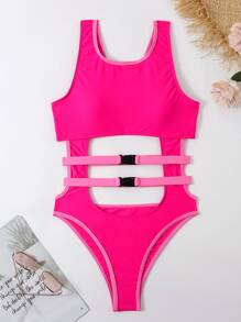 SHEIN Swim Phụ nữ một mảnh Cắt ra màu trơn Gợi cảm - Màu Hồng Tươi - Xem 4