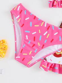 Sparklyn Young Girl Donuts Print Frill Trim Knot Front Bikini Set With Beach Skirt Summer Beach Summer Holiday - Multicolor - View 4