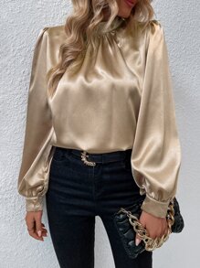 SHEIN Clasi Lantern Sleeve Mock Neck Satin Blouse - Khaki - View 5