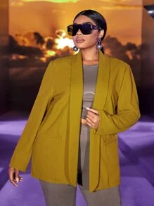 SHEIN SXY Plus Shawl Collar Open Front Blazer - Olive Green - View 4