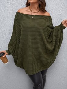 Calvaya Suéter holgado de punto de talla grande para mujer con hombros descubiertos y mangas tipo murciélago, en unicolor, para uso casual, fiestas y vacaciones, primavera/otoño - Verde militar - Ver 1