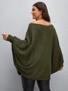 Calvaya Suéter holgado de punto de talla grande para mujer con hombros descubiertos y mangas tipo murciélago, en unicolor, para uso casual, fiestas y vacaciones, primavera/otoño - Verde militar - Ver 2