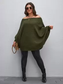Calvaya Suéter holgado de punto de talla grande para mujer con hombros descubiertos y mangas tipo murciélago, en unicolor, para uso casual, fiestas y vacaciones, primavera/otoño - Verde militar - Ver 3