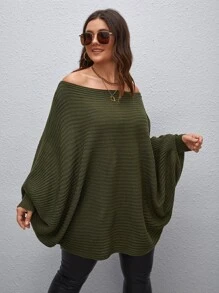 Calvaya Suéter holgado de punto de talla grande para mujer con hombros descubiertos y mangas tipo murciélago, en unicolor, para uso casual, fiestas y vacaciones, primavera/otoño - Verde militar - Ver 4