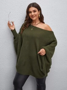 Calvaya Suéter holgado de punto de talla grande para mujer con hombros descubiertos y mangas tipo murciélago, en unicolor, para uso casual, fiestas y vacaciones, primavera/otoño - Verde militar - Ver 5
