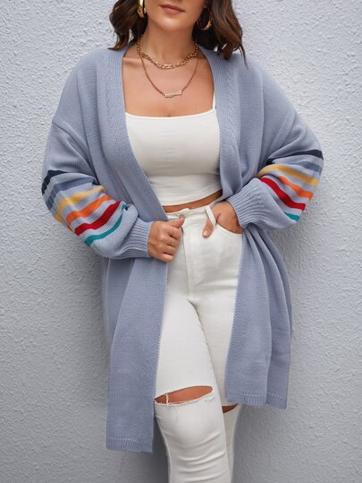 Plus Block Stripe Pattern Drop Shoulder Duster Cardigan