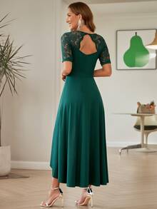 Acelitt 蕾絲拼接後鏤空高低下擺伴娘連衣裙 - 墨綠色 - 查看 2