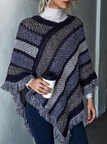 SHEIN LUNE Poncho al azar de color combinado de manga murciélago ribete con fleco tejido