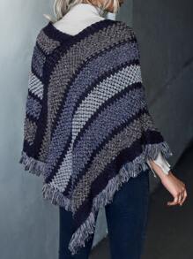 SHEIN LUNE Poncho al azar de color combinado de manga murciélago ribete con fleco tejido