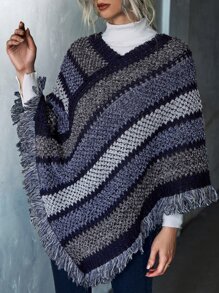 SHEIN LUNE Poncho al azar de color combinado de manga murciélago ribete con fleco tejido