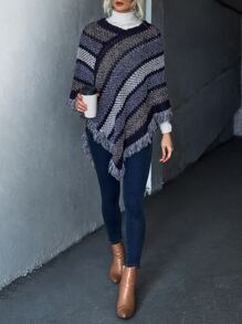 SHEIN LUNE Poncho al azar de color combinado de manga murciélago ribete con fleco tejido