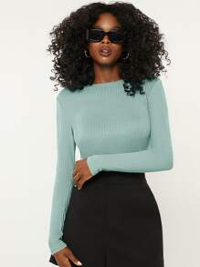 SHEIN BASICS Sọc Phù hợp Tay áo dài Áo thun - màu xanh lá - Xem 1