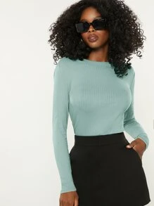 SHEIN BASICS Sọc Phù hợp Tay áo dài Áo thun - màu xanh lá - Xem 5