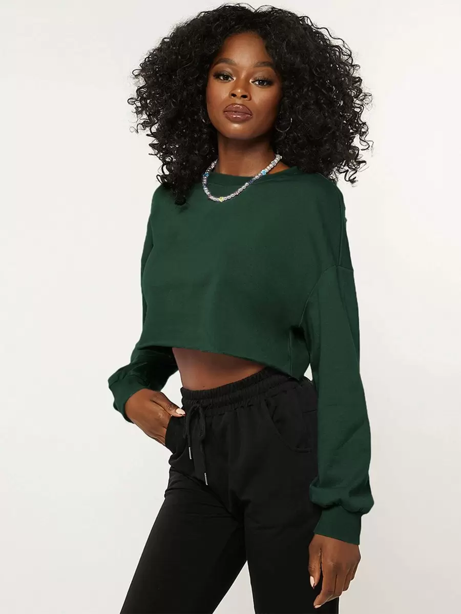 SHEIN BASICS Terry Fleece  Drop Shoulder Raw Hem Crop Pullover - Dark Green - View 1