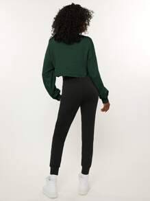 SHEIN BASICS Terry Fleece  Drop Shoulder Raw Hem Crop Pullover - Dark Green - View 2