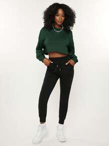 SHEIN BASICS Terry Fleece  Drop Shoulder Raw Hem Crop Pullover - Dark Green - View 3