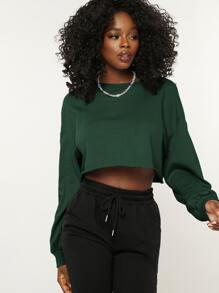 SHEIN BASICS Terry Fleece  Drop Shoulder Raw Hem Crop Pullover - Dark Green - View 4