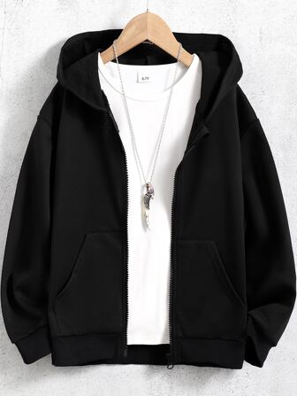 SHEIN Tween Boy Zip Up Drop Shoulder Drawstring Hoodie Without Tee