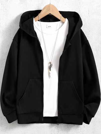 SHEIN Tween Boy Zip Up Drop Shoulder Drawstring Hoodie Without Tee Chic Outfits For Autumn/Winter