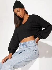 Muchica V-neck Lantern Sleeve Crop Tee - Black - View 2