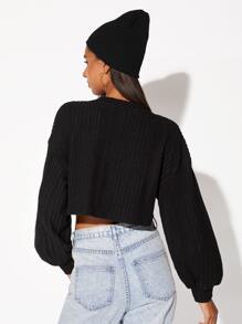 Muchica V-neck Lantern Sleeve Crop Tee - Black - View 3