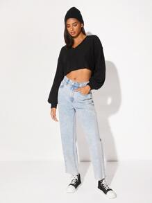 Muchica V-neck Lantern Sleeve Crop Tee - Black - View 4