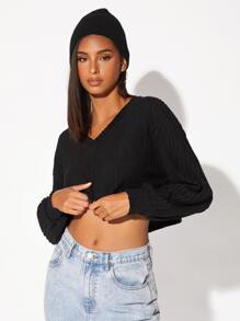 Muchica V-neck Lantern Sleeve Crop Tee - Black - View 5