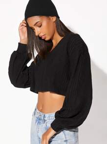 Muchica V-neck Lantern Sleeve Crop Tee - Black - View 6