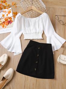 2pcs Girls Solid Color Casual Long Sleeve Crop Top And Skirt Set - Black and White - View 1