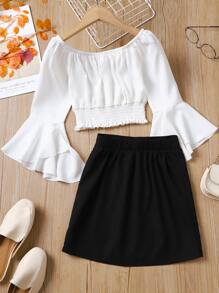 2pcs Girls Solid Color Casual Long Sleeve Crop Top And Skirt Set - Black and White - View 2