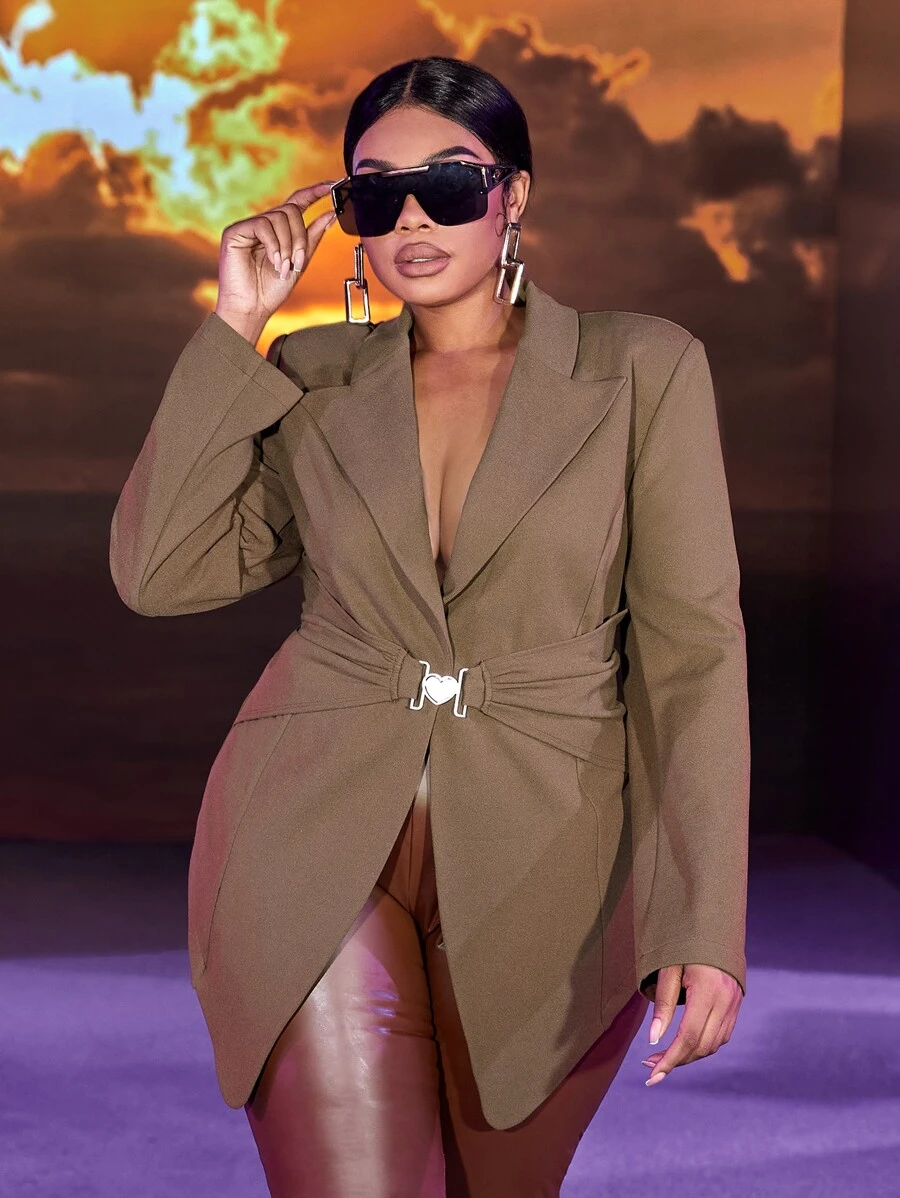 SHEIN SXY Plus Lapel Neck Single Button Blazer - Mocha Brown - View 1