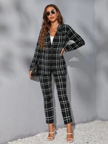 SHEIN Privé 秋冬格纹印花翻领西装外套和裤子 - 黑色 - 查看 3