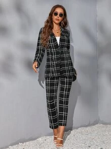 SHEIN Privé 秋冬格纹印花翻领西装外套和裤子 - 黑色 - 查看 4