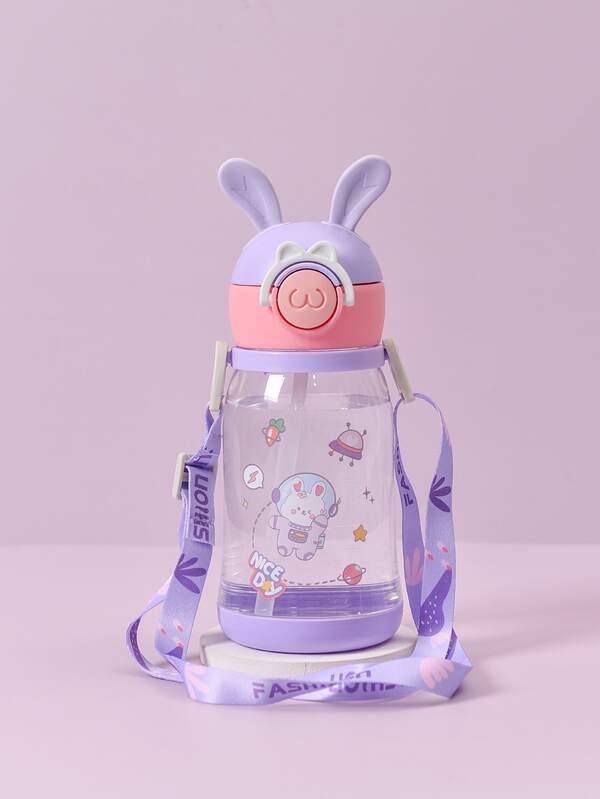 1pc Cartoon Graphic Straw Water Bottle, Cartoon Rabbit Ear Decor PC Baby Water Bottle For Home