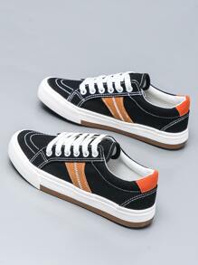 Zapatos de lona de color combinado con cordón delantero - Negro - Ver 1