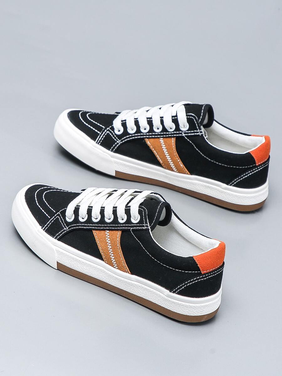 Zapatos de lona de color combinado con cordón delantero - Negro - Ver 1