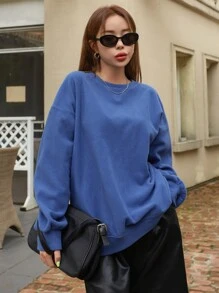 DAZY Letter Embroidery Drop Shoulder Pullover - Blue - View 3