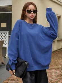 DAZY Letter Embroidery Drop Shoulder Pullover - Blue - View 5