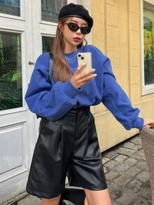 DAZY Letter Embroidery Drop Shoulder Pullover - Blue - View 7