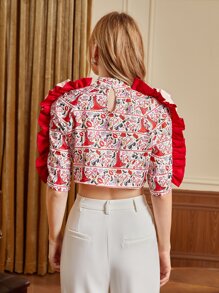 Francesca Lazzari 小高領滿版印花木耳褶皺邊短款上衣 - 彩色 - 查看 2