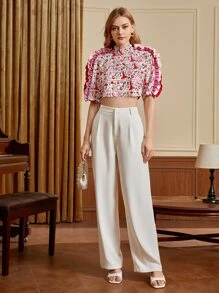 Francesca Lazzari 小高領滿版印花木耳褶皺邊短款上衣 - 彩色 - 查看 5