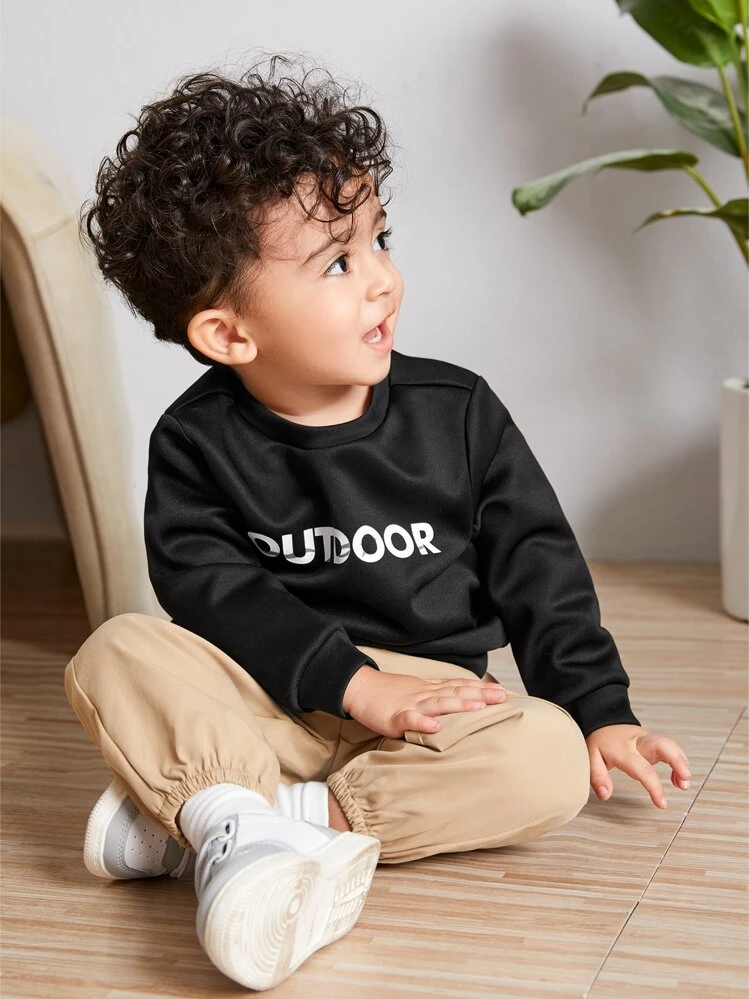 SHEIN Baby Boy Letter Graphic Pullover & Solid Pants - Multicolor - View 4