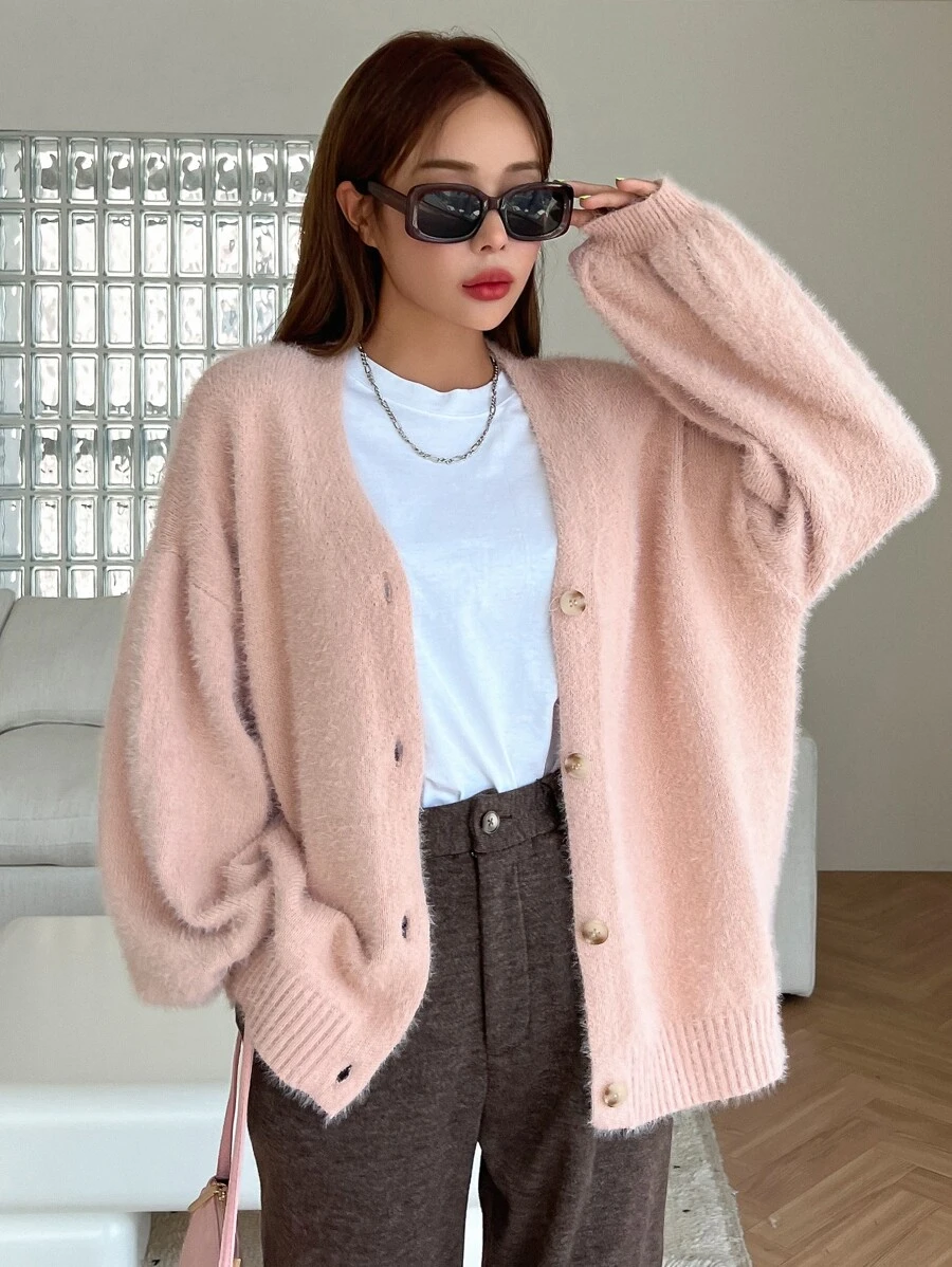 DAZY Drop Shoulder Fluffy Knit Cardigan - Pink - View 1