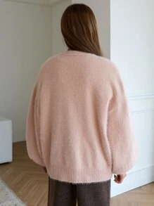 DAZY Drop Shoulder Fluffy Knit Cardigan - Pink - View 2