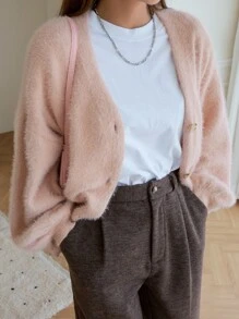 DAZY Drop Shoulder Fluffy Knit Cardigan - Pink - View 4