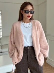 DAZY Drop Shoulder Fluffy Knit Cardigan - Pink - View 5